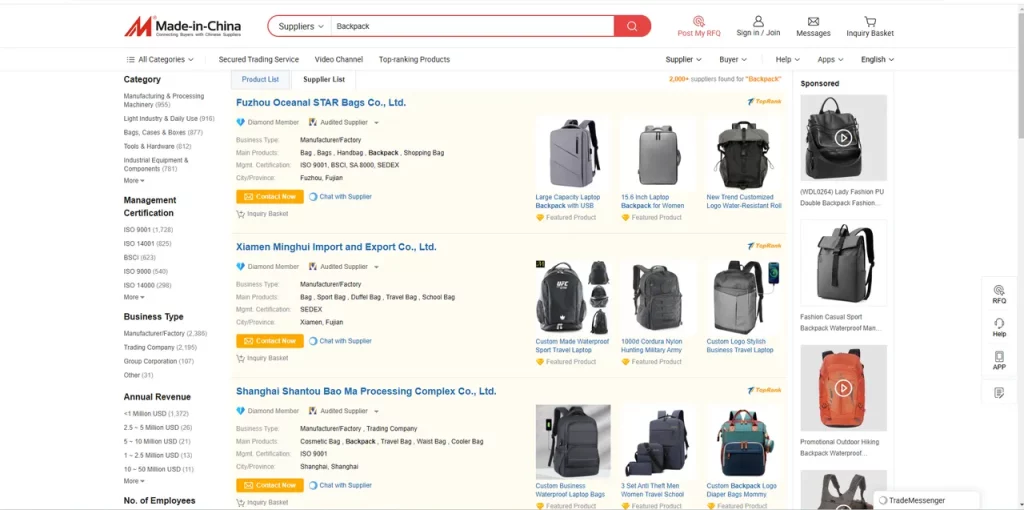 How to find backpack manufacturer from Made-in-China