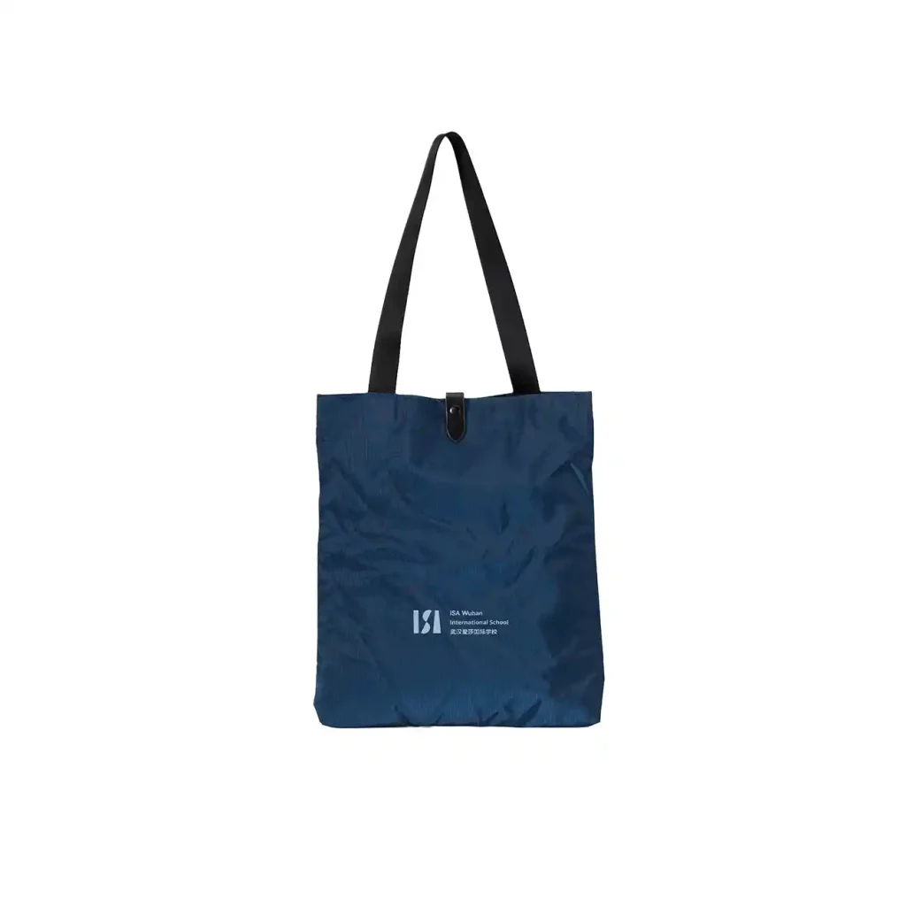 Blue library tote bag with black leather top handle (1)