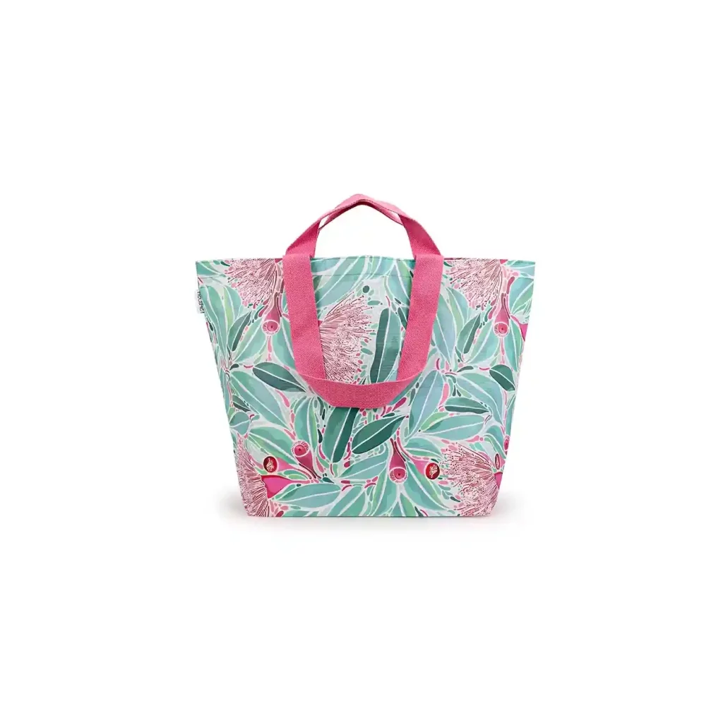 Flowers printing tote bag with pink webbing handle (1)