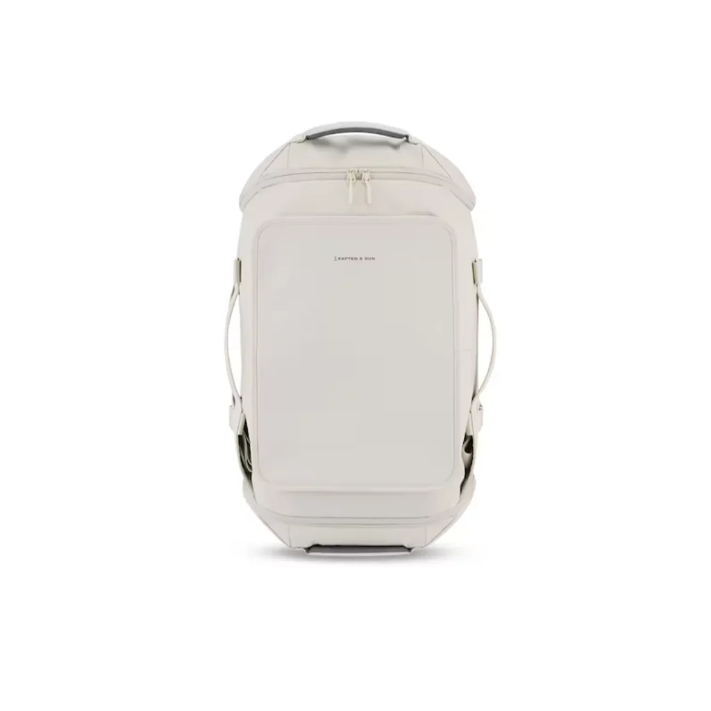 Beige travel backpack, stand in the white background