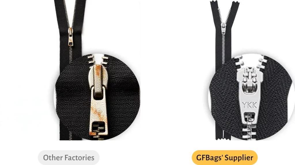 metal zippers quality comparation reference from GFBags backpack manufacturer