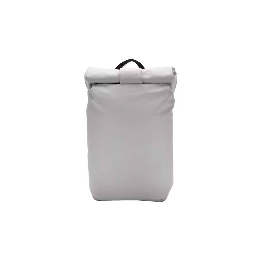 Light grey rolltop backpack, on a white backgroud (1)